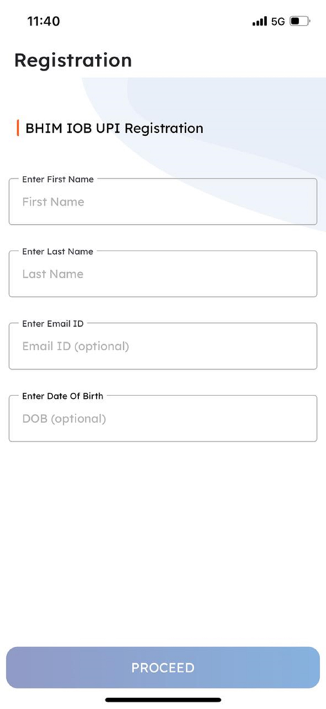BHIM IOB UPI - Registration screen for BHIM IOB UPI app requiring first name, last name, email, and date of birth.