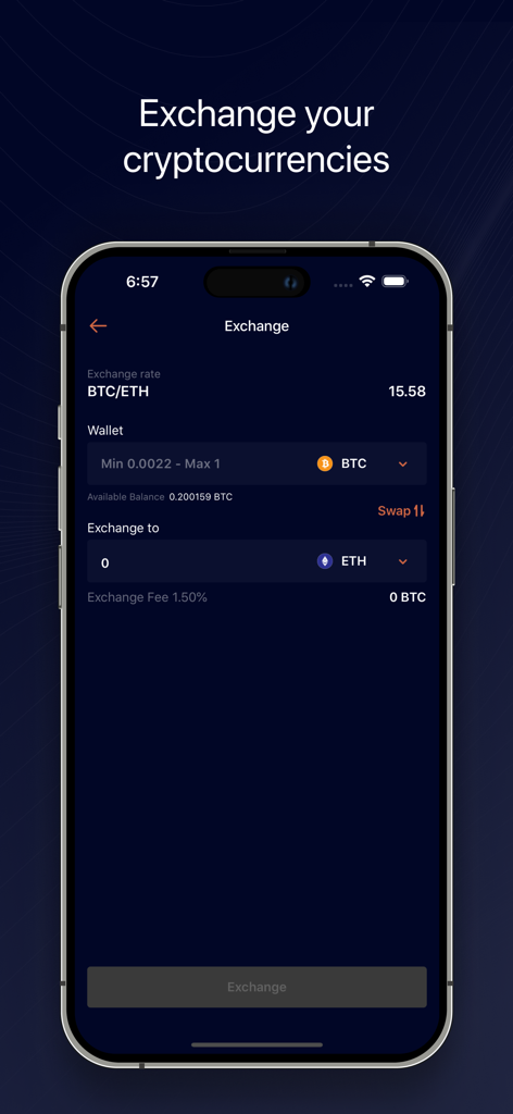 Teroxx - Teroxx App-Benutzeroberfläche zum Tausch von Bitcoin- und Ethereum-Kryptowährungen