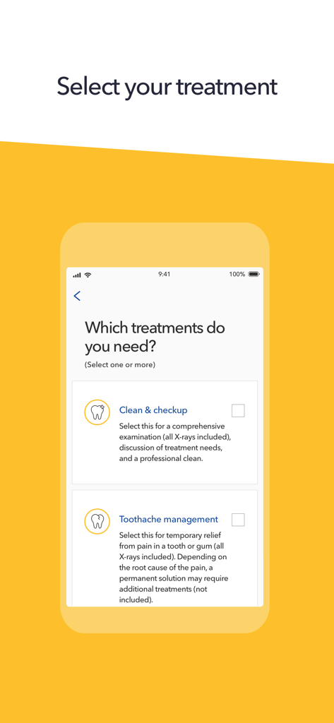Dental 99 app screen showing dental treatment options including checkup and toothache management