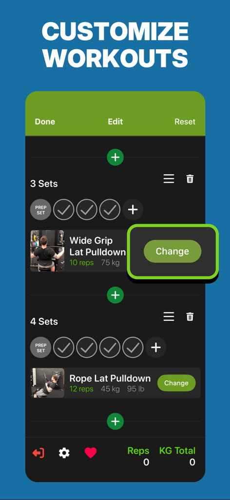 Gym Workout Planner - Gym Plan - Interface da app Gym Plan mostrando como personalizar e alterar exercícios numa rotina de treino