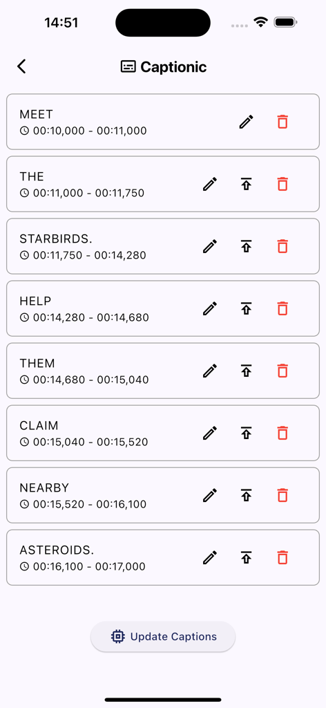 Captionic - AI Video Captions - Interface for editing video caption segments and timestamps in the Captionic app