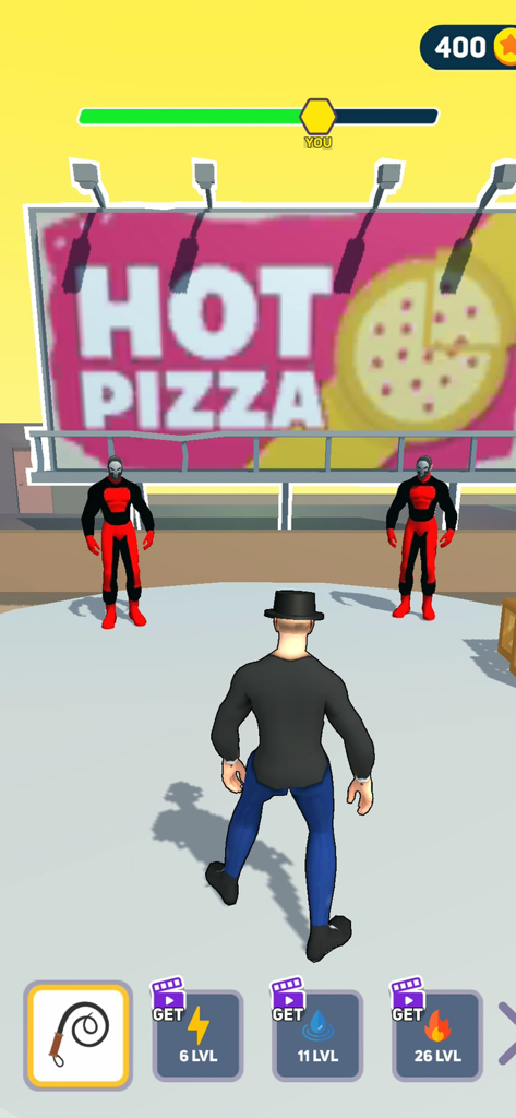 Hero adventure: catch enemies - Third-person view of a customized hero character in a top hat facing two villains in front of a large hot pizza billboard