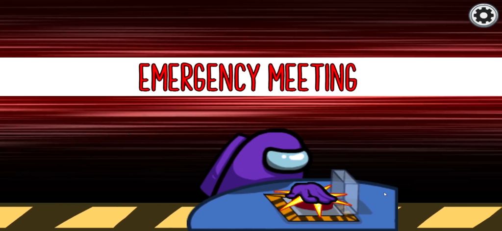 A purple character in Among Us pressing a red button for an emergency meeting