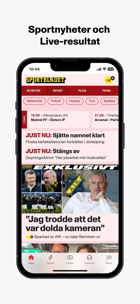 Interfaccia dell'app Aftonbladet Sportbladet che mostra notizie sportive e risultati live