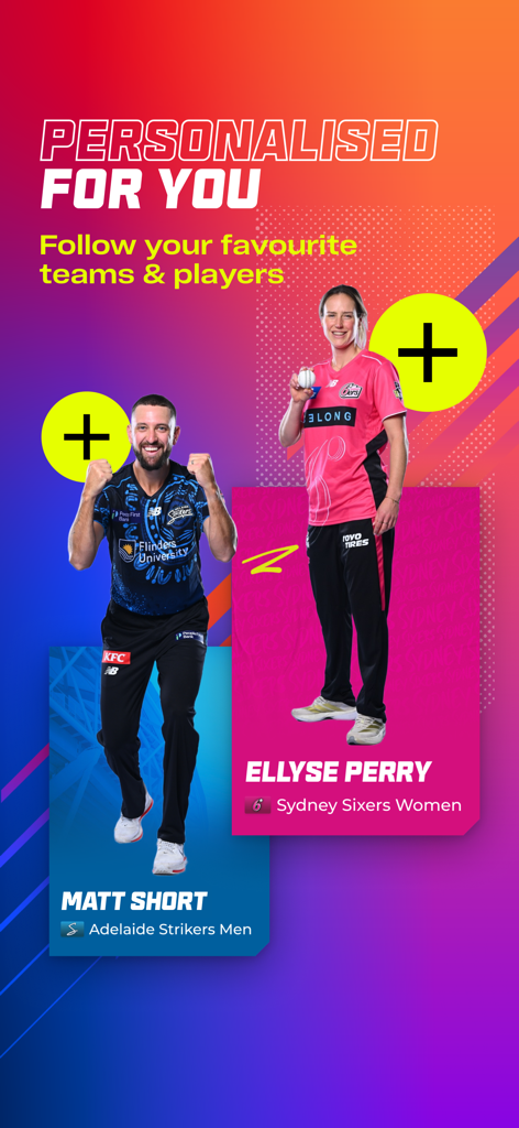 Una pantalla de la aplicación Big Bash que muestra la función de experiencia personalizada para seguir a los jugadores y equipos favoritos