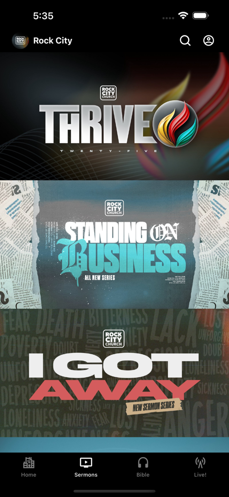 Rock City App - Mobile view of the Rock City App sermons page featuring series titles like Thrive and Standing on Business.