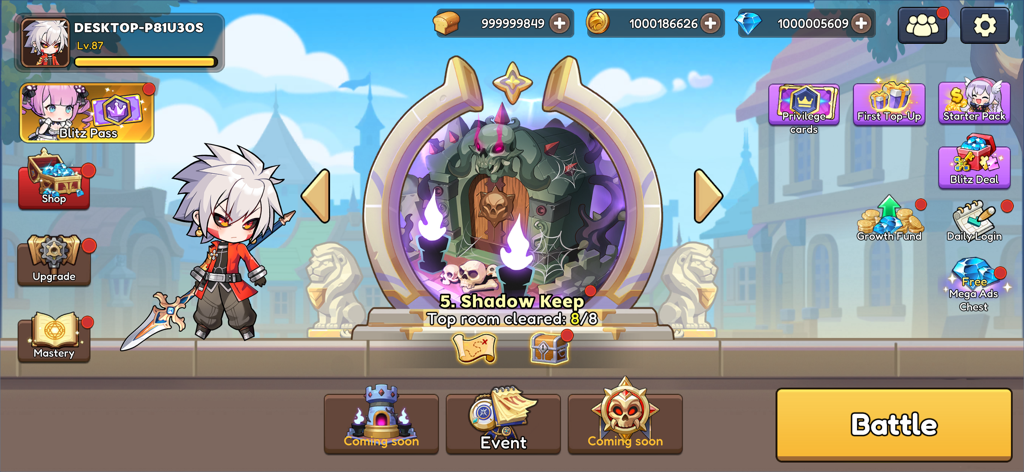 Hero Blitz: RPG Roguelike War - Main lobby of Hero Blitz RPG showing a chibi anime hero standing before the Shadow Keep dungeon portal