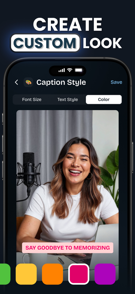 Una donna utilizza l'app TeleP per personalizzare gli stili delle didascalie video con diversi colori e opzioni di font.