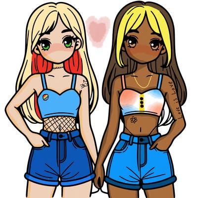 two sisters with crop tops and jean shorts and straight hair