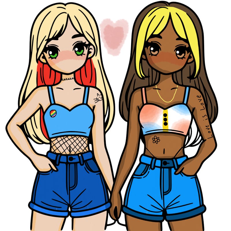 two sisters with crop tops and jean shorts and straight hair