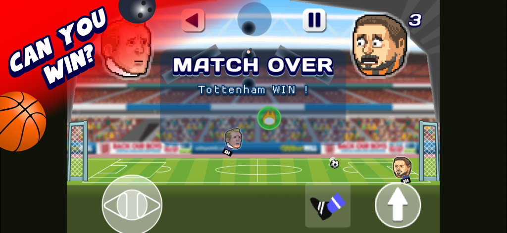 Soccer Heads Football Game - Gameplay screenshot of Soccer Heads Football Game showing the Match Over screen with Tottenham winning and big head character avatars