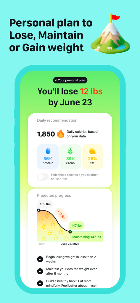 Foodllama AI calorie tracker - Foodllama app screen displaying a personalized weight loss plan with daily calorie recommendations macro breakdown and projected progress graph