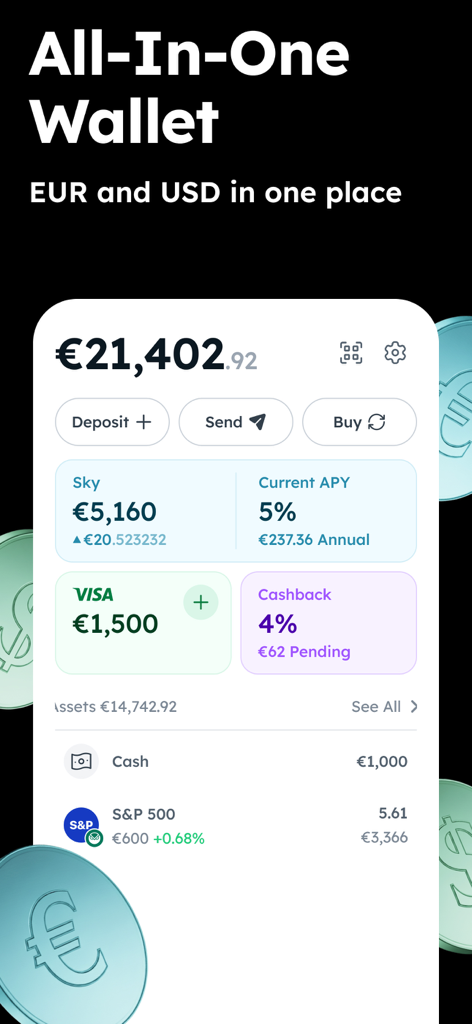 Zeal: Digital Wallet & Card - Dashboard dell'app Zeal che mostra il saldo del portafoglio EUR e USD con TAEG del 5% e funzionalità di cashback del 4%