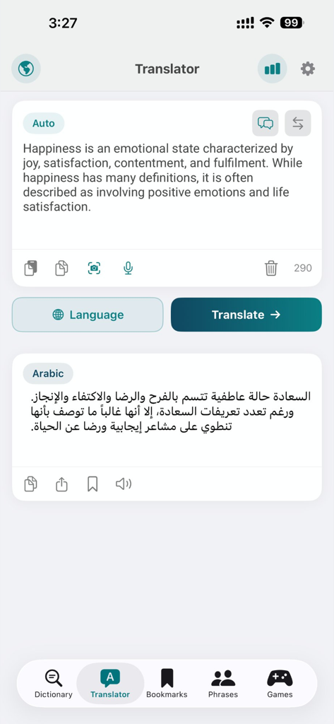 Dictionary & Translator Pro - Dictionary and Translator Pro app showing English to Arabic translation of a paragraph about happiness