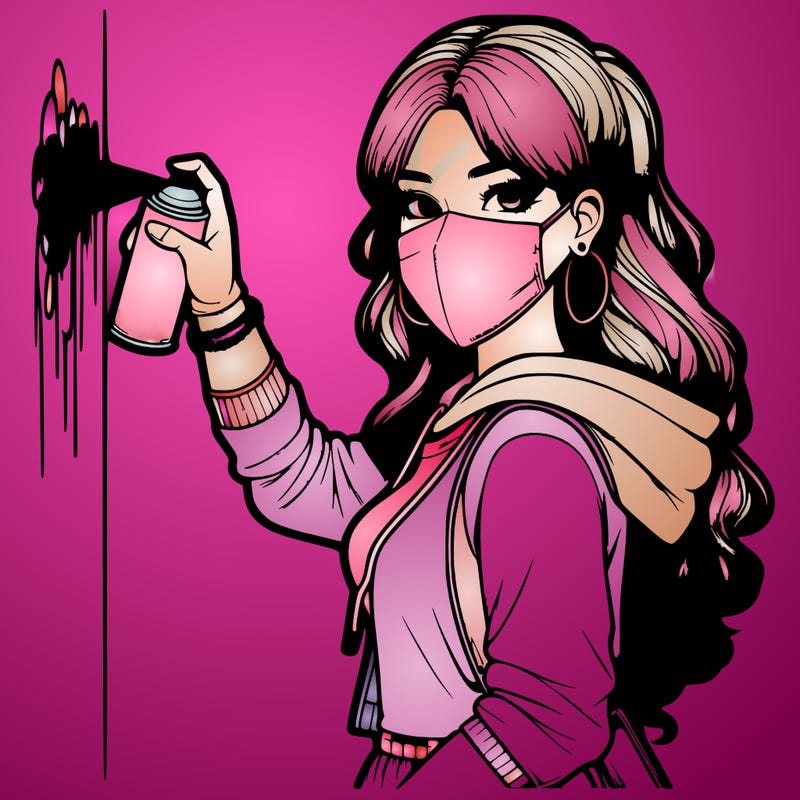 realistic girl with mask spray painting a wall