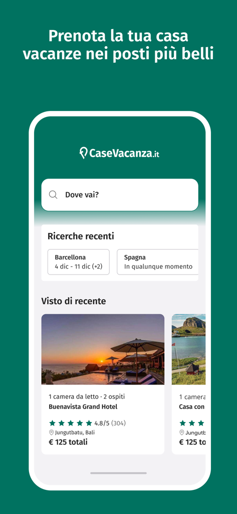 Schermata principale dell'app mobile CaseVacanza.it con barra di ricerca ed elenchi di affitti vacanze.