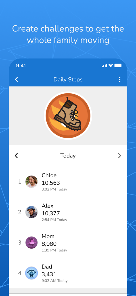 Garmin Jr.™ - 家族のアクティビティチャレンジと毎日の歩数リーダーボードを表示するGarmin Jr.アプリのインターフェース