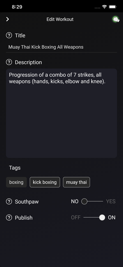 Kruboss Bag Work - Krubossアプリのワークアウト編集画面。ムエタイキックボクシングルーティンのカスタムフィールドが表示されています。