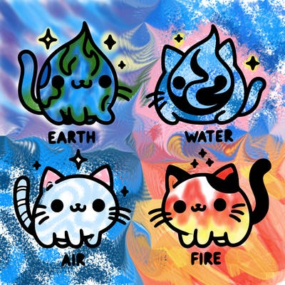 4 cats that represent the different elements, earth, water, air, and fire