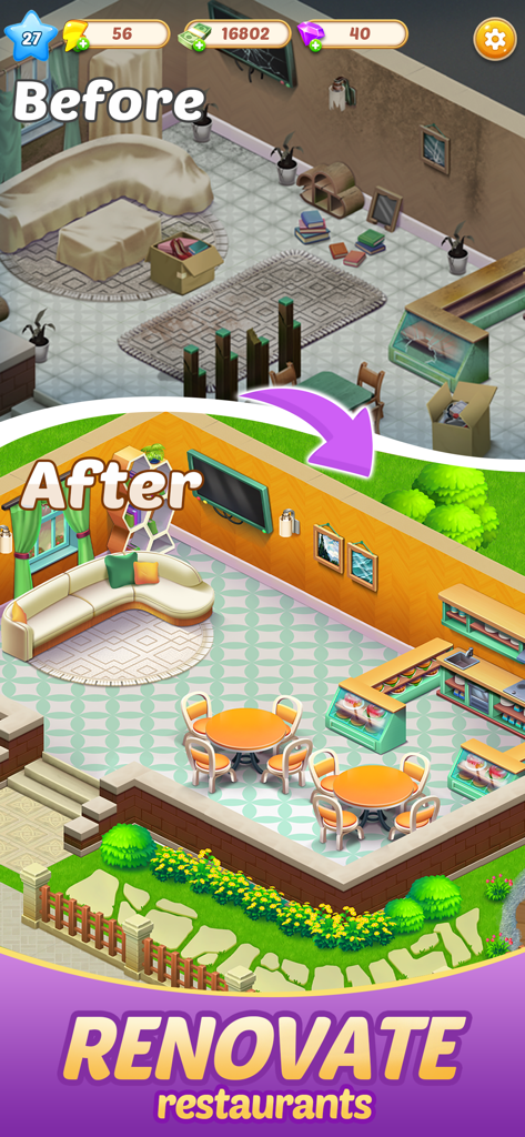 A before and after comparison showing a messy room transformed into a colorful modern restaurant in Merge Food Chef Decoration