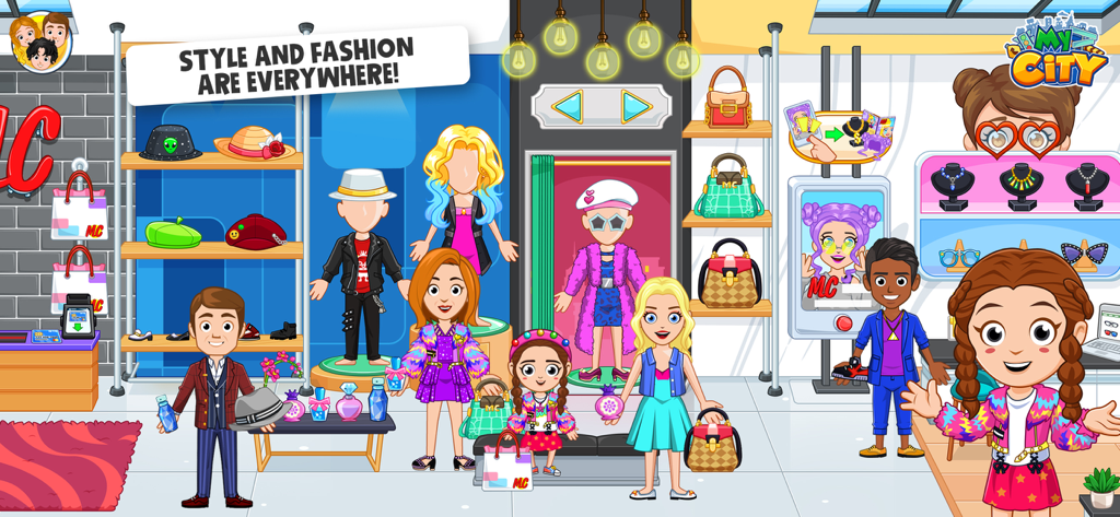 My City : New York - Personajes de dibujos animados explorando una elegante tienda de moda en Nueva York con varias prendas y accesorios