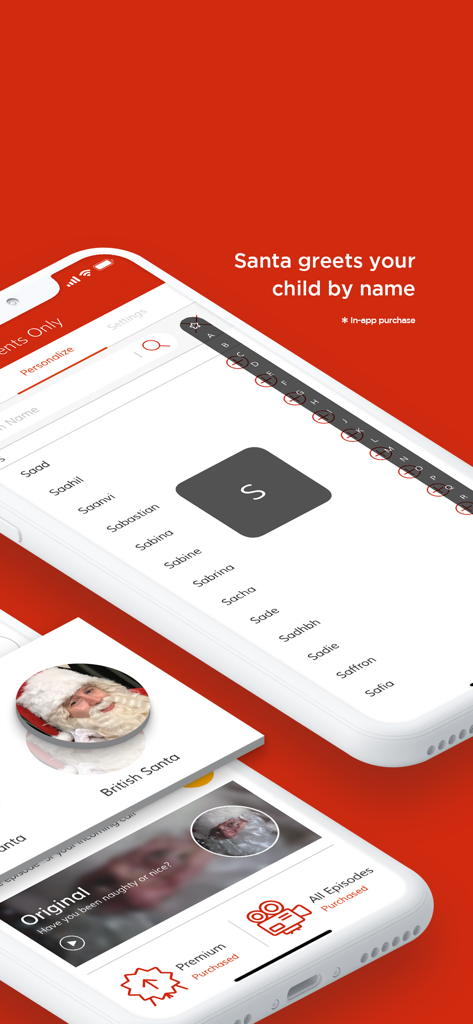 Video Call Santa - Interface of Video Call Santa app showing a list of names to personalize the greeting for a child.