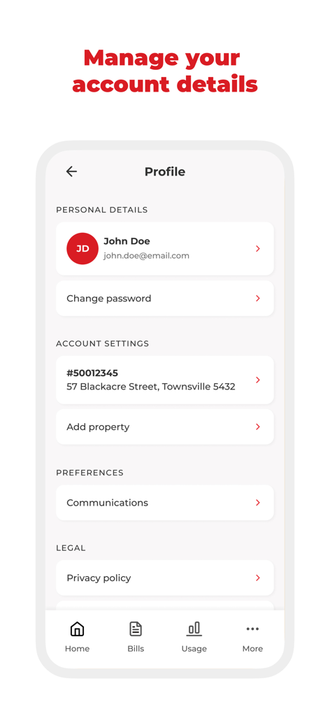 Contact Energy app profile screen for managing personal and account settings