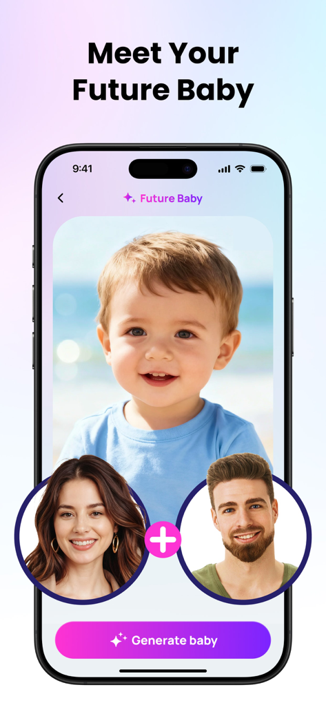 Ageroom - AI Photo Generator - Interfaz de la aplicación Ageroom mostrando la función de generador de futuros bebés con IA