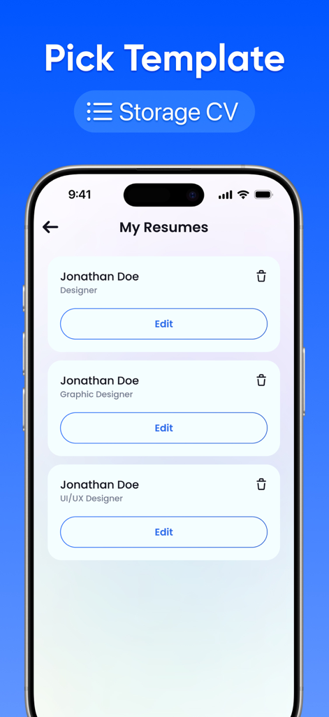 Resume Makerアプリで、さまざまな役割の複数の履歴書プロファイルを示すインターフェイス