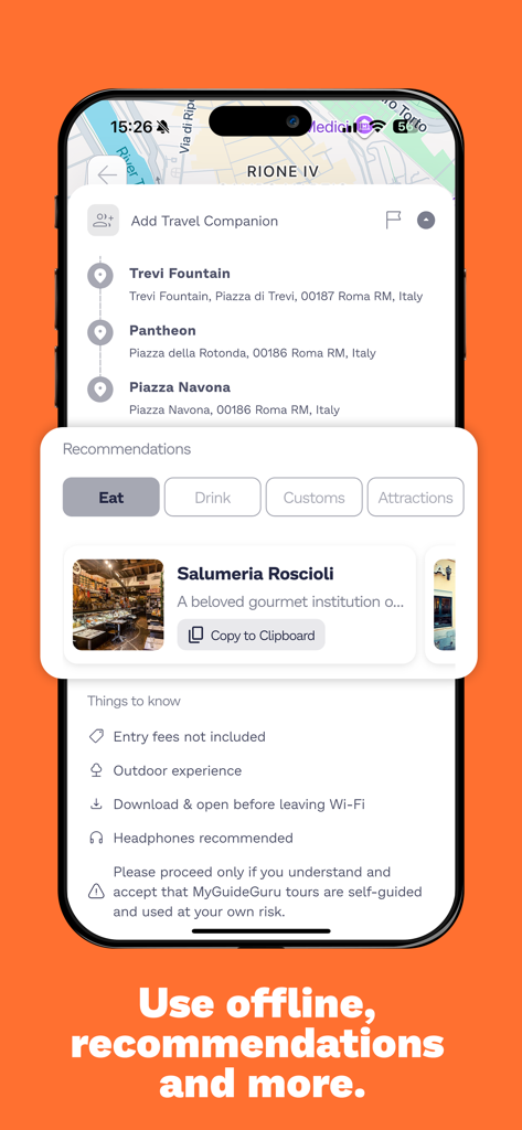 MyGuideGuru: Audio Tours - MyGuideGuru app interface showing a self-guided walking tour itinerary in Rome with local restaurant recommendations and offline travel tips.