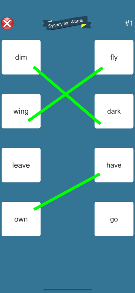 Opposite Words Learning - 緑の線で正解が結ばれた類義語の単語マッチングゲームが表示されている教育アプリの画面