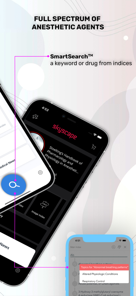Stoelting Anesthetic Practice - Mobile app interface of Stoelting Anesthetic Practice highlighting the SmartSearch feature for medical terms and drug indices.