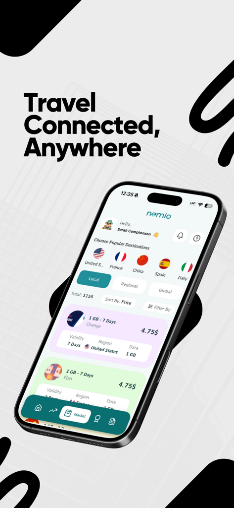 Nomio: eSIM Travel & Internet - Nomio eSIM travel app interface on an iPhone displaying international data plans and popular destinations.
