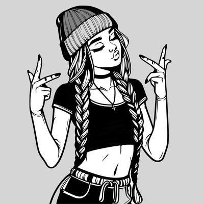 realistic teenage girl with braids and a beanie and crop top doing 🫶🏼