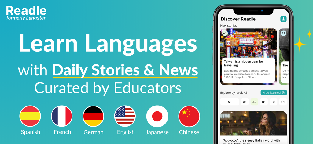 Readle: Learn Languages Daily - Interfaz de la aplicación Readle mostrando noticias seleccionadas para aprender español, francés, alemán, inglés, japonés y chino.