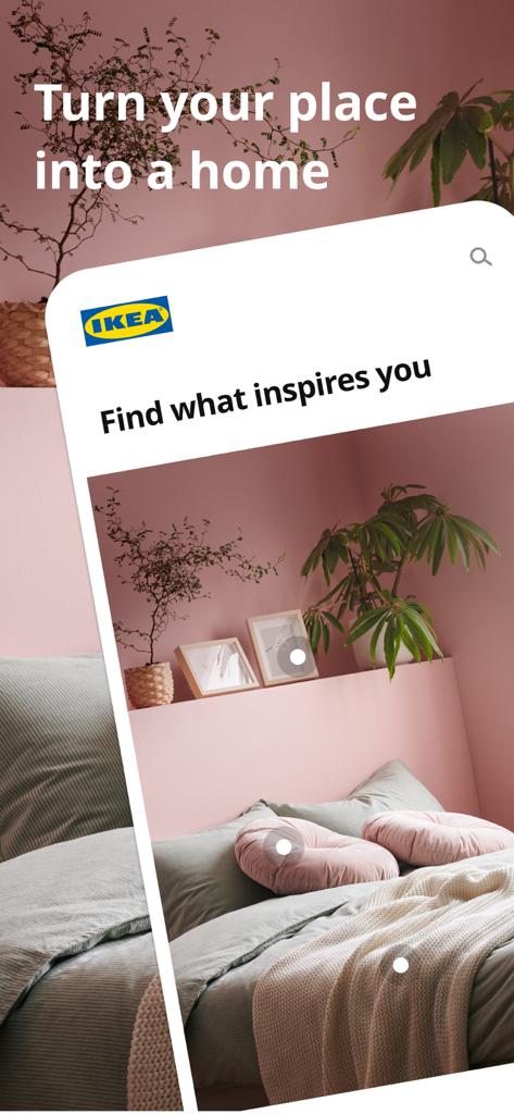IKEA app screen displaying a cozy bedroom with home decor inspiration and product tags