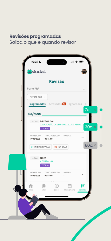 Estudei - Mobile app interface for tracking study reviews with spaced repetition intervals.
