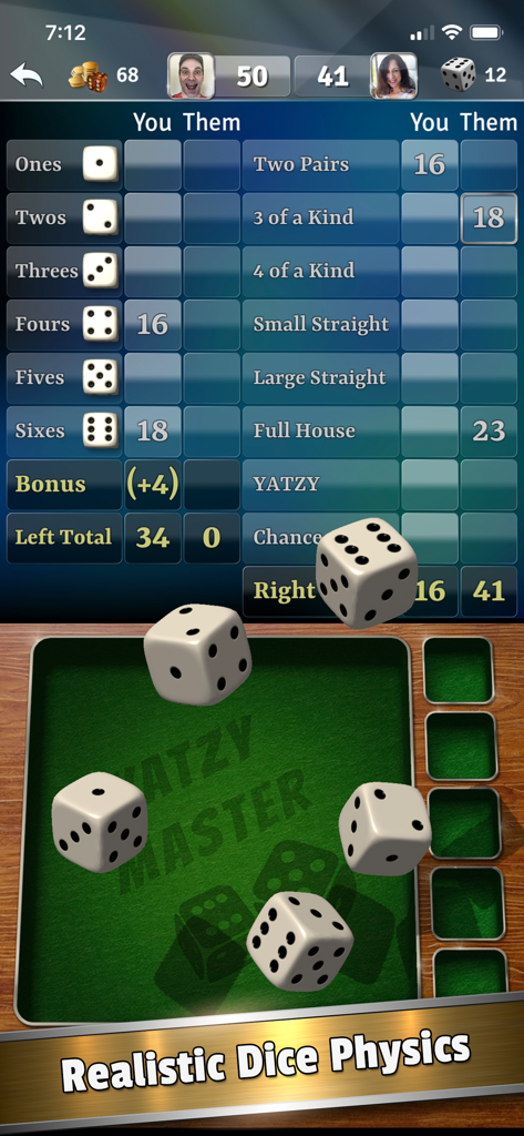 Yatzy Dice Master gameplay interface showing a digital scorecard and realistic 3D dice rolling on a green felt tray.