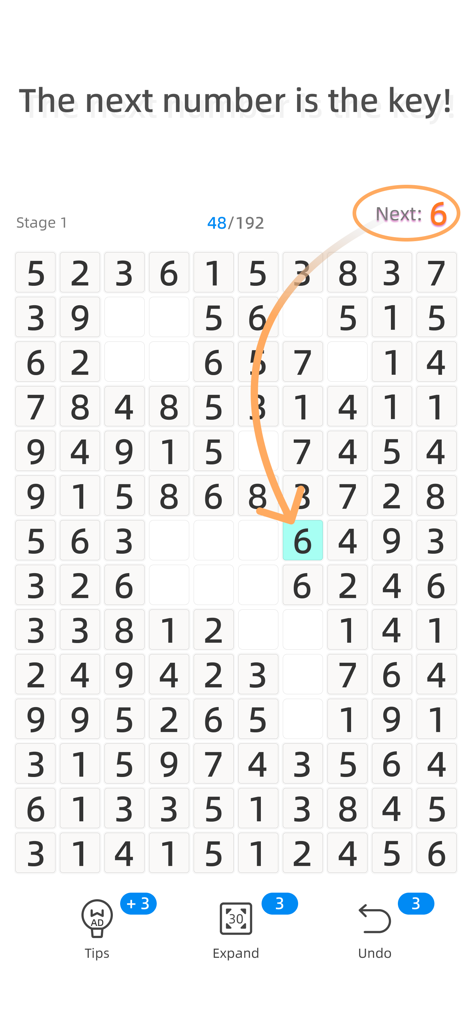Number Match X - A grid of numbers in the Number Match X logic puzzle game showing a next move hint