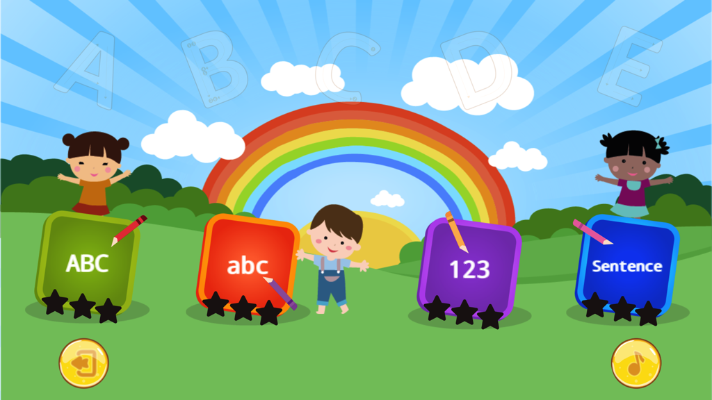 Main menu screen of the ABC Kids app featuring colorful icons for tracing uppercase letters, lowercase letters, numbers, and sentences set against a cartoon landscape with a rainbow.