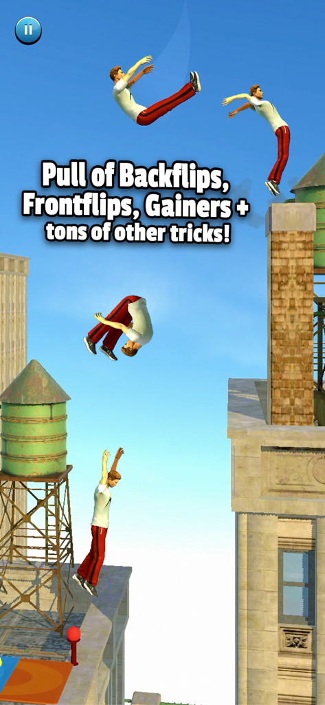 Flip Runner - A character performing backflips and frontflips across city rooftops in the Flip Runner game.
