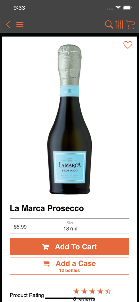 BWS BEVERAGE - BWS Beverage mobile app interface displaying La Marca Prosecco with pricing and add to cart options.