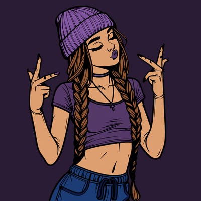 realistic teenage girl with braids and a beanie and crop top doing 🫶🏼