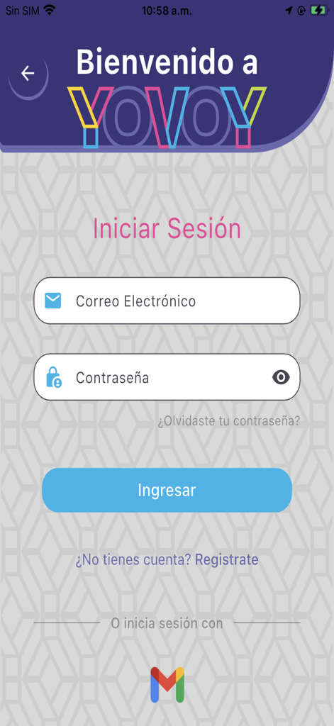 Yovoy StopBus - Pantalla de inicio de sesión para la aplicación de tránsito Yovoy StopBus con campos para correo electrónico y contraseña y una opción de inicio de sesión con Google