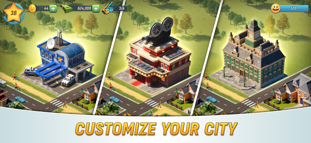 City Island: Deluxe Go Build - A preview of the diverse building customization options in City Island Deluxe Go Build featuring a police station cinema and town hall