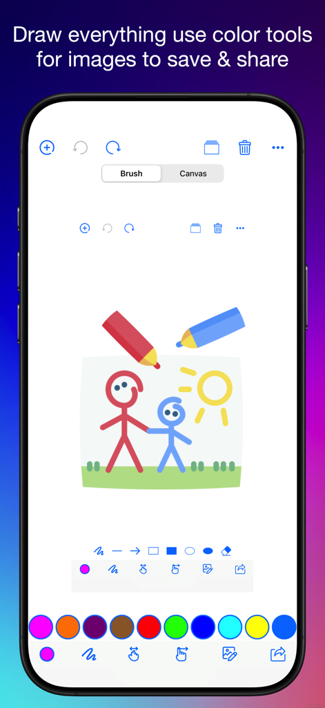 Drawing Desk app interface with a stick figure family drawing and colorful tool icons