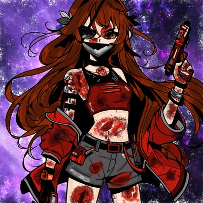 bad girl wearing crop top holding a gun long hair anime