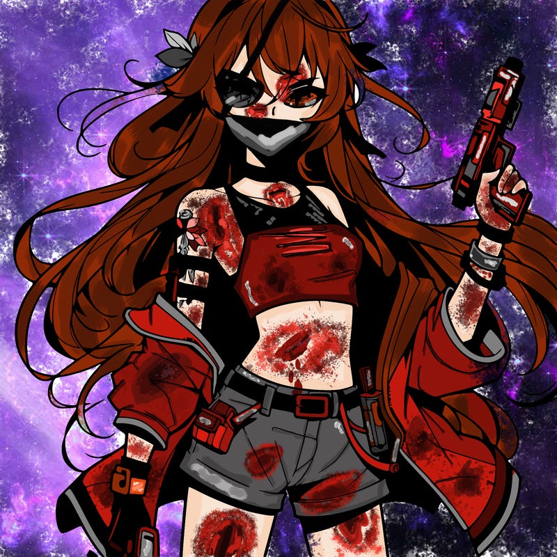 bad girl wearing crop top holding a gun long hair anime