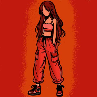 girl in baggy pants crop top and long hair