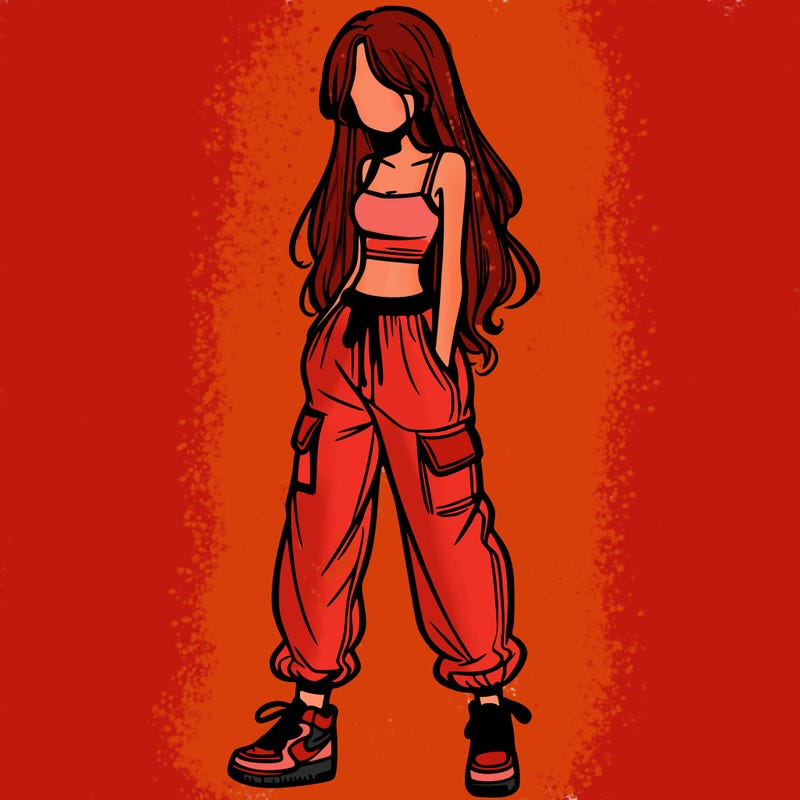 girl in baggy pants crop top and long hair